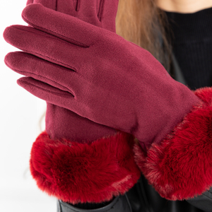 Бордовые женские перчатки с мехом