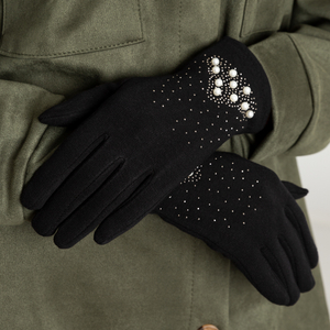 Черные женские перчатки с жемчугом