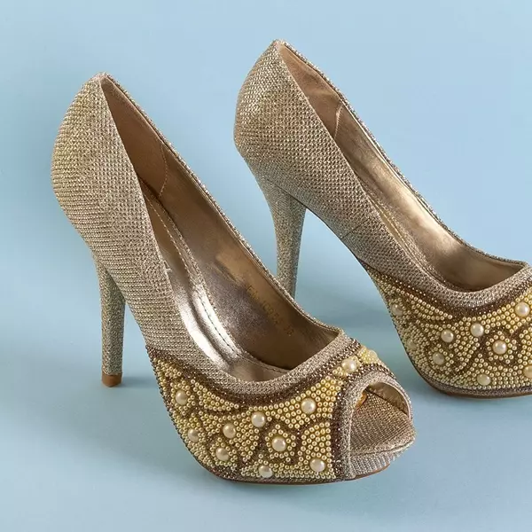 OUTLET Gold женские блестящие туфли на высоком каблуке с фианитом и жемчугом Mira - Обувь