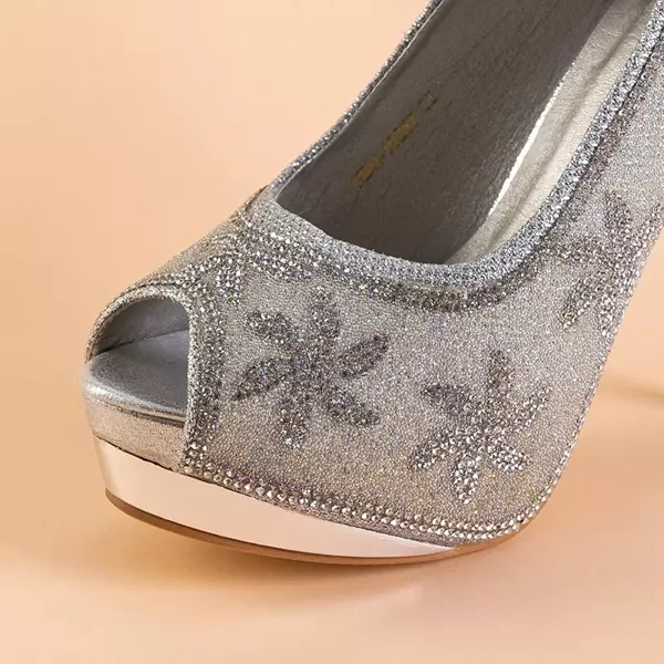 OUTLET Женские туфли на высоком каблуке из серебряной парчи с фианитом Yilla - Обувь