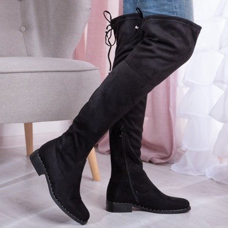 Чорні чоботи з еко-замші над коліном з плоским каблуком Rondesl - Взуття 1