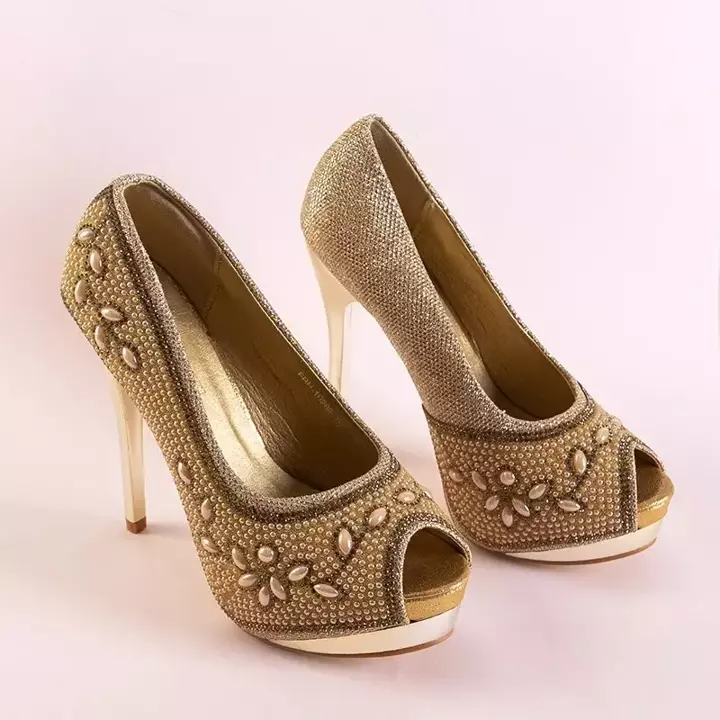 OUTLET Золоті жіночі парчеві туфлі на підборі на шпильці з орнаментами Ansia - Взуття